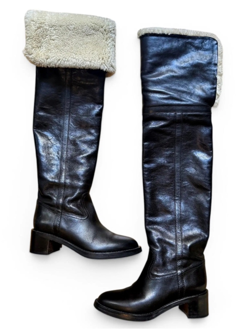 Celine folco black leather boots with shearling Sherpa lining 35 otk